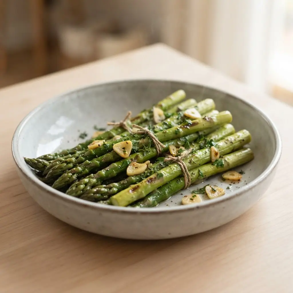 Garlic herb asparagus bundles with tender spears and light char marks, healthy grilling ideas.