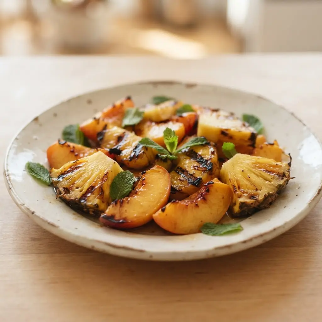 Grilled pineapple and peach wedges with caramelized edges arranged beside mint leaves on a serving platter.