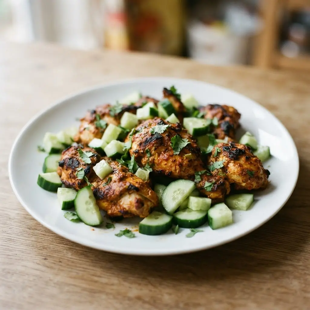 Tandoori spiced yogurt chicken pieces with browned edges and cucumber garnish for healthy grilling ideas.