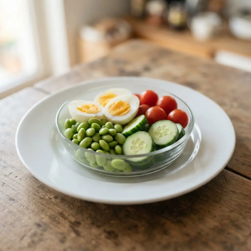 Clear container holding shelled edamame, two hard-boiled eggs, cucumber slices, and cherry tomatoes.