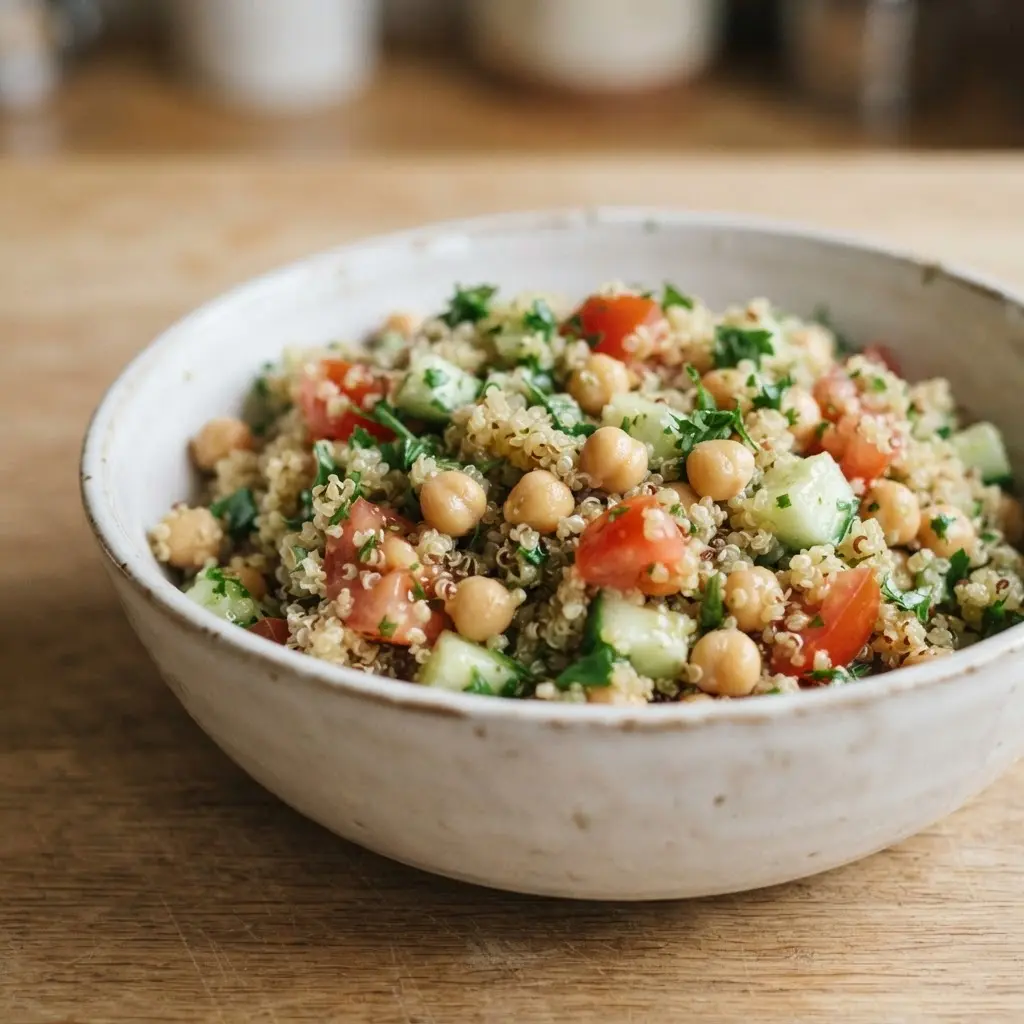Quinoa, chickpeas, cucumber, and herbs arranged in a glass container for healthy meals at work ideas.