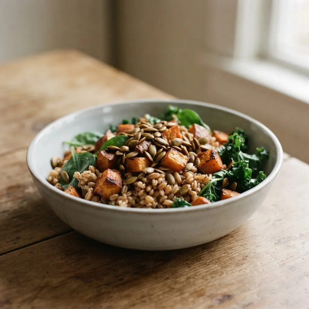 Roasted sweet potato, farro, greens, and pumpkin seeds arranged in a clear lunch container.
