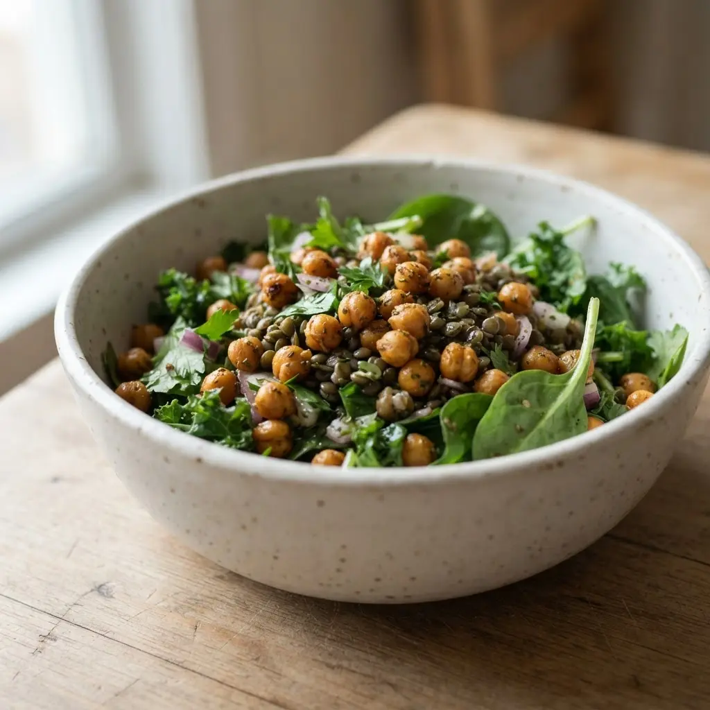 Brown lentils, chickpeas, and kidney beans sit in bowls beside greens as healthy meat substitutes for a colorful meal.