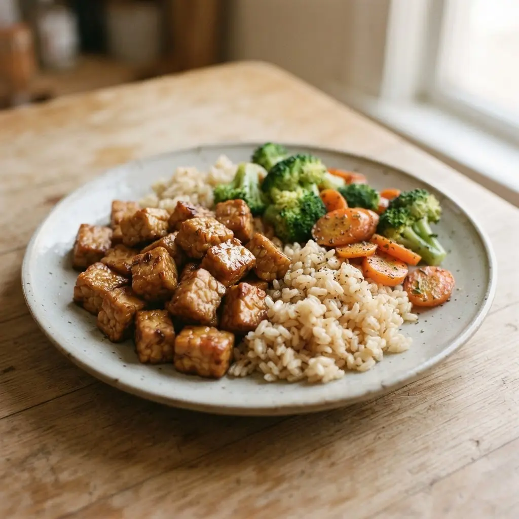 Sliced tempeh rests beside brown rice, broccoli, and carrots on a ceramic plate with warm natural lighting.