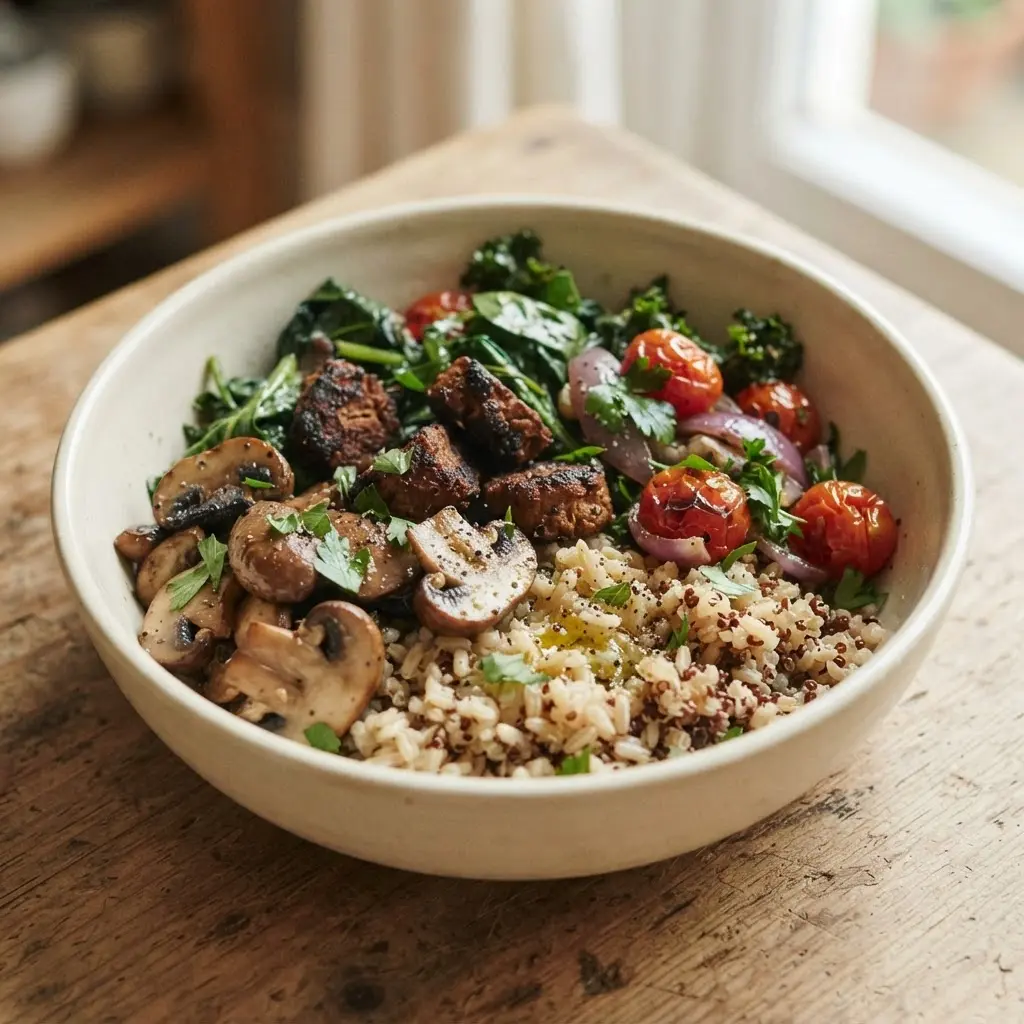 Golden mushrooms and mycoprotein pieces fill a grain bowl with greens as plant-based protein choices for lunch.