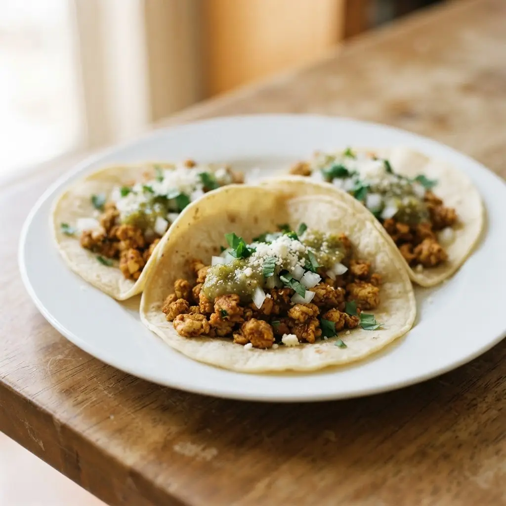 Seasoned textured vegetable protein fills three corn tortillas with lettuce, tomato, avocado, and lime wedges.