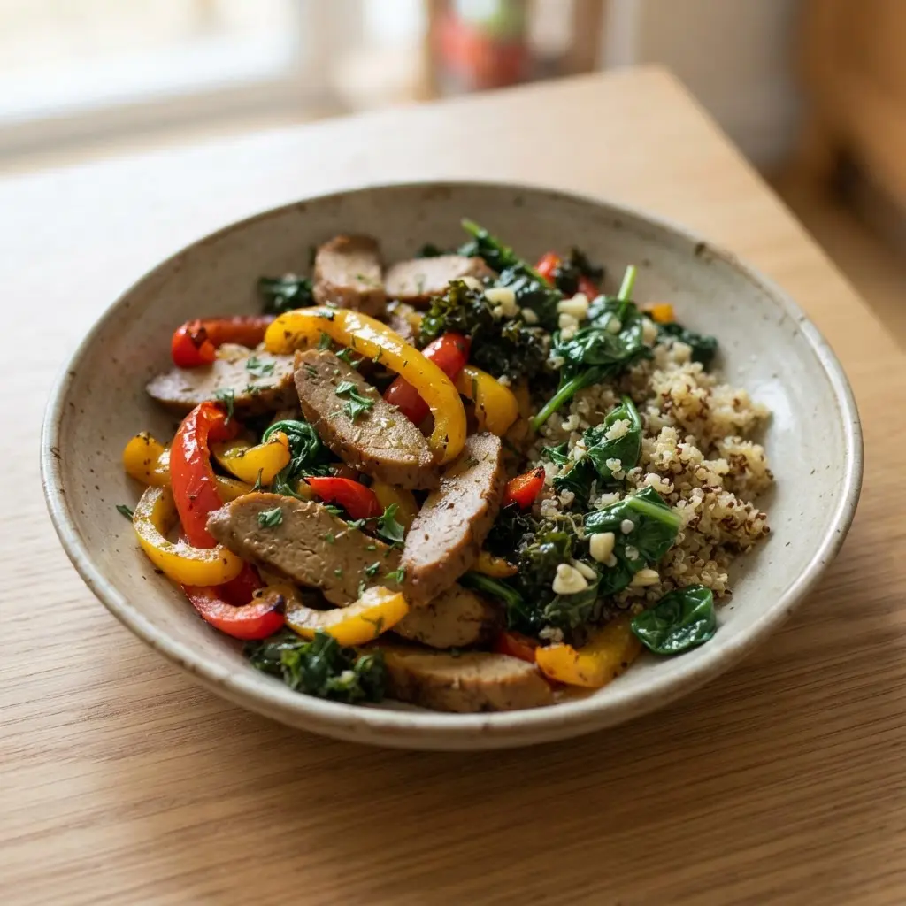 Sliced seitan sits beside quinoa, roasted peppers, and leafy greens as healthy meat substitutes on a white plate.