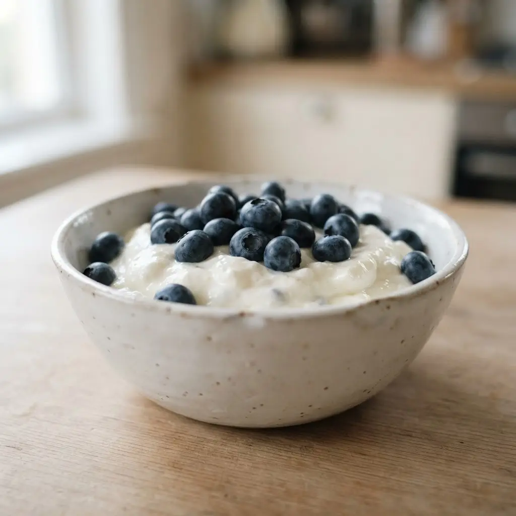 Greek yogurt topped with blueberries in a small bowl, a healthy midnight snack with bright natural textures.