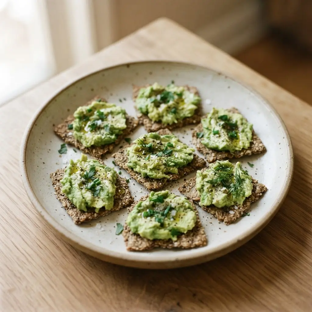 Whole-grain crackers topped with mashed avocado and herbs arranged on a small ceramic plate.