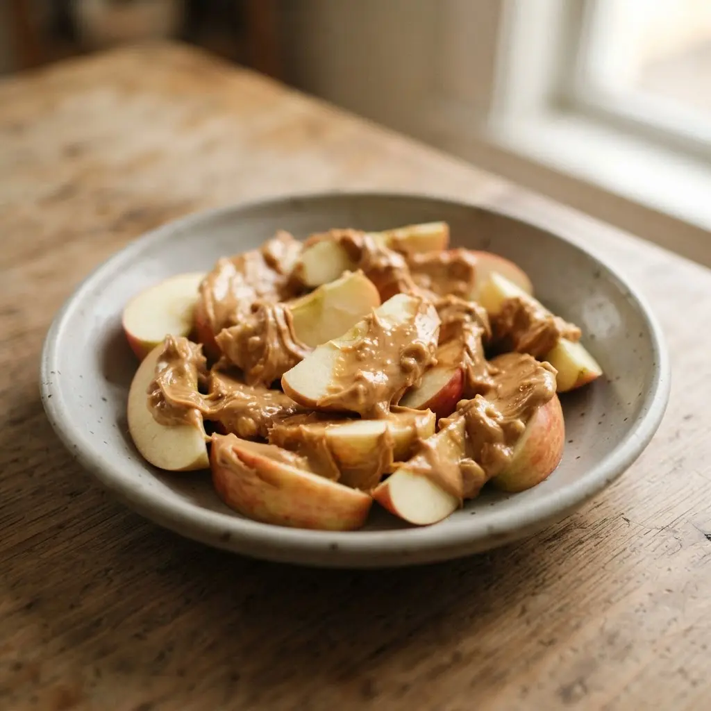 Thin apple slices arranged beside a small bowl of natural peanut butter on a clean white plate.