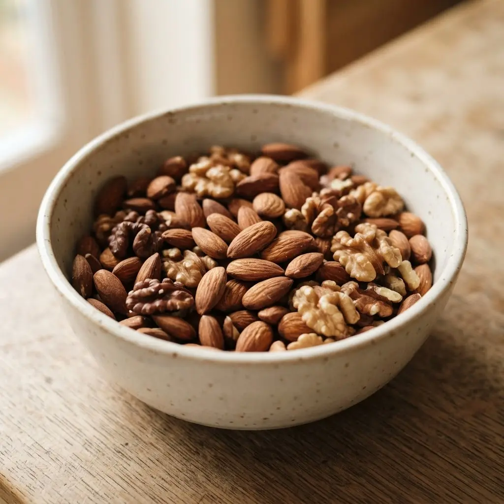 Raw almonds and walnut halves in a small dish, a late-night snack with dry crunch and natural brown tones.