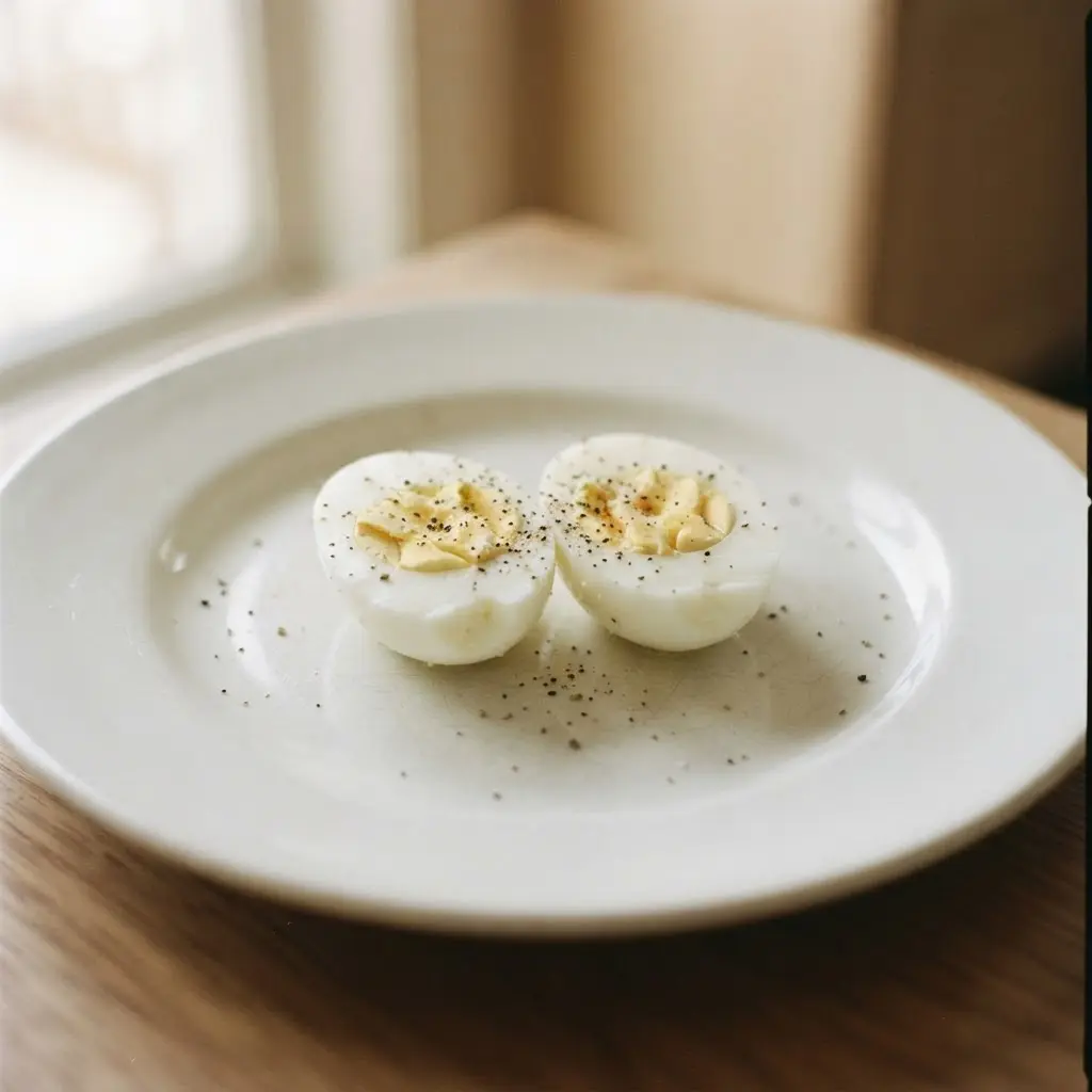 A halved hard-boiled egg sprinkled with black pepper on a small ceramic plate.