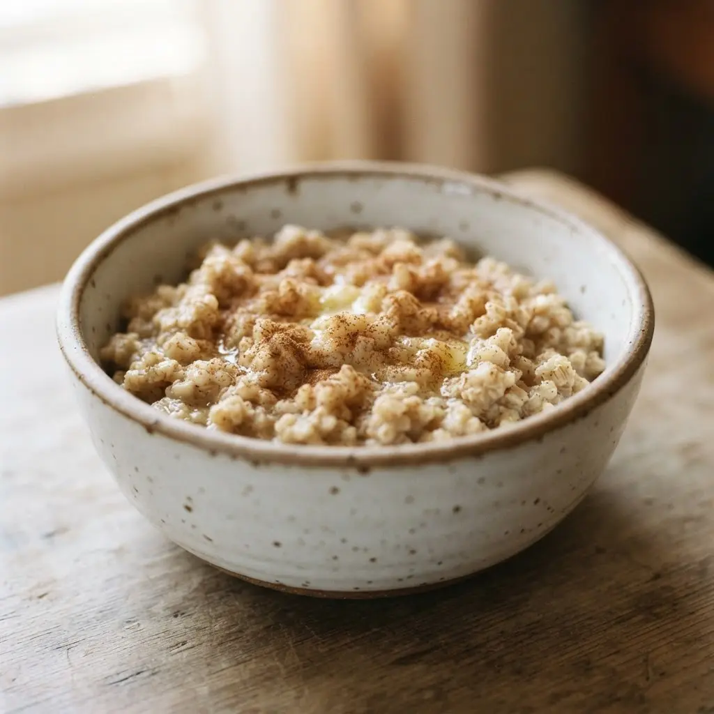 Warm steel-cut oats in a bowl with cinnamon, a comforting late-night snack with a soft, hearty texture.