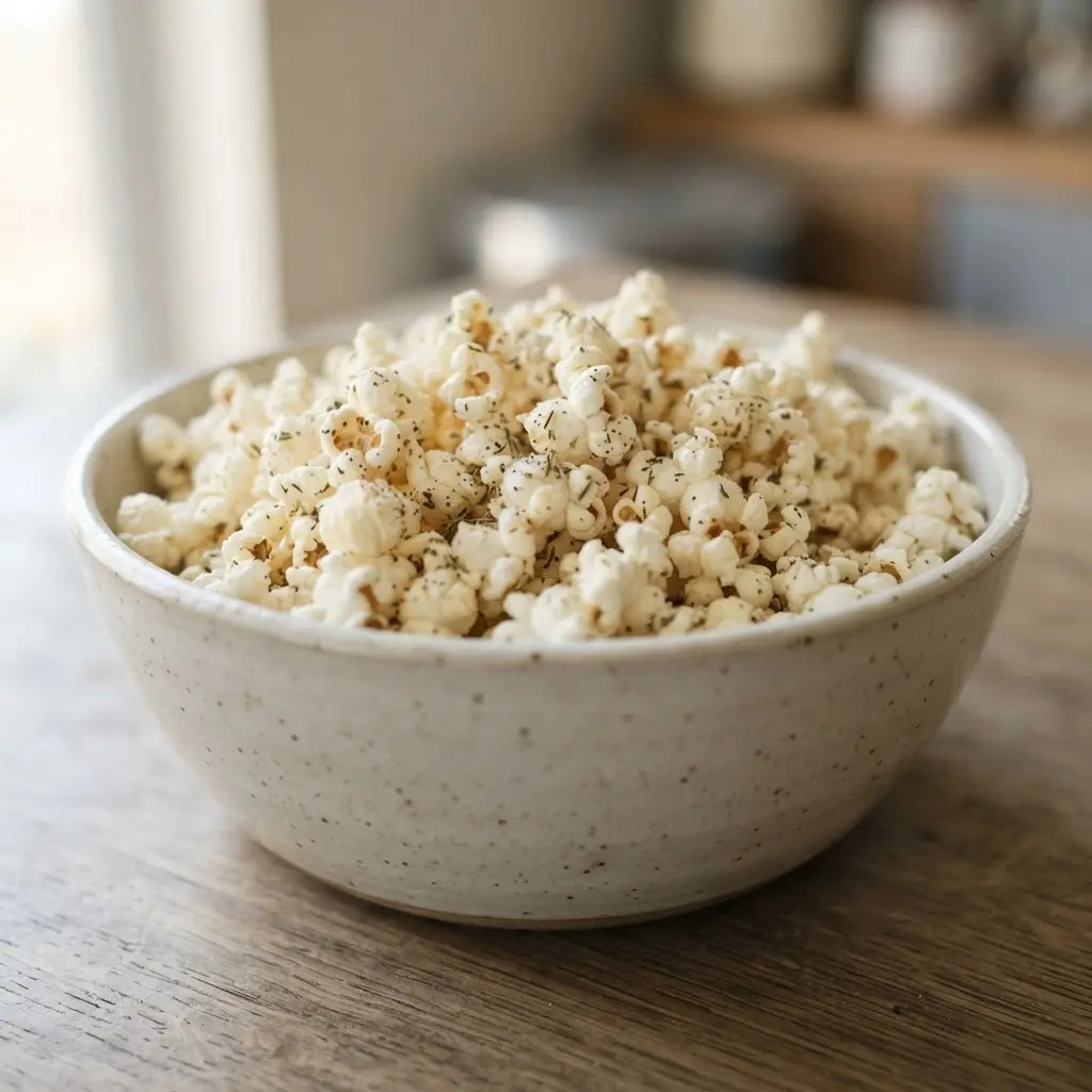 Air-popped popcorn sprinkled with green herbs in a clear bowl beside a small serving spoon.