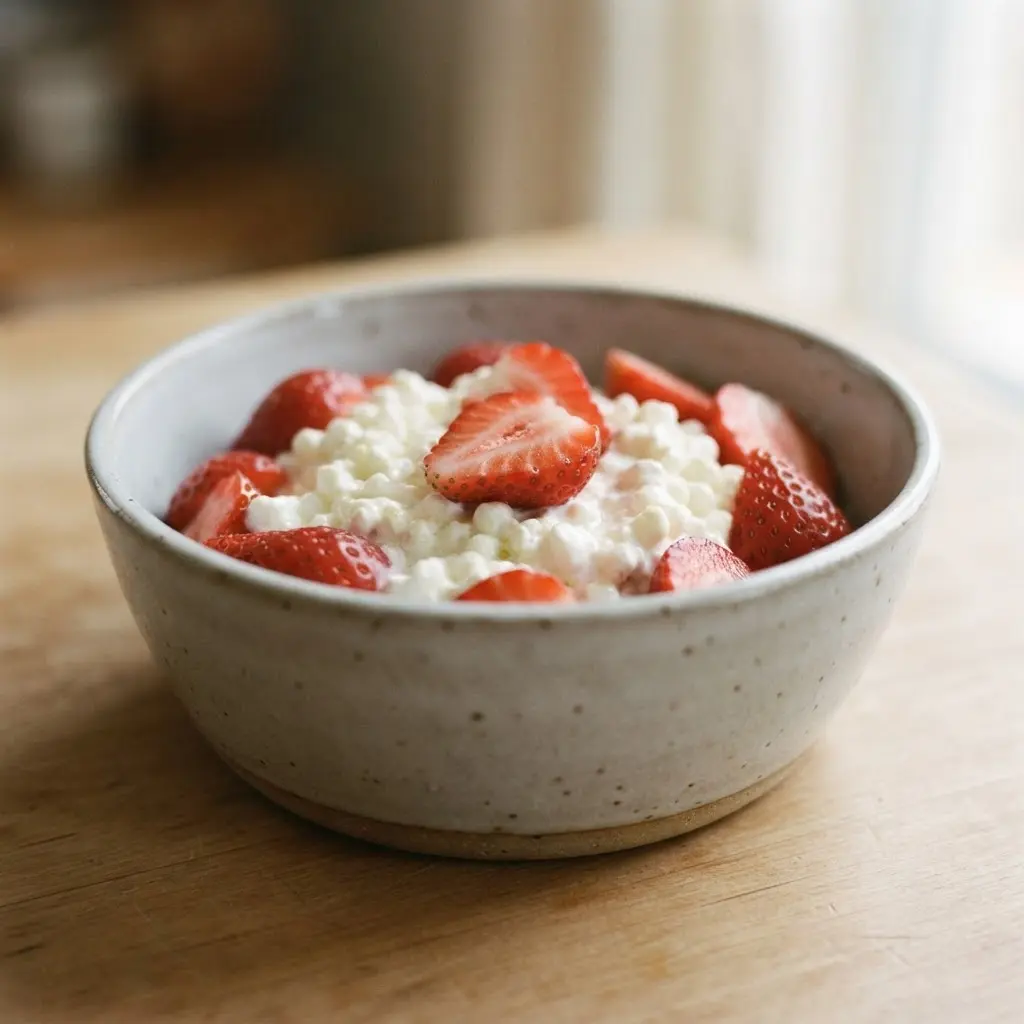 Cottage cheese topped with sliced strawberries in a bowl, a healthy midnight snack with creamy and fresh textures.