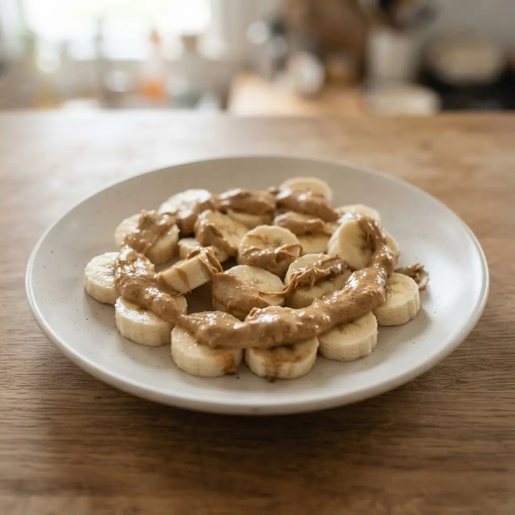 Banana rounds topped with sunflower butter on a small plate, a late-night snack with creamy and soft textures.