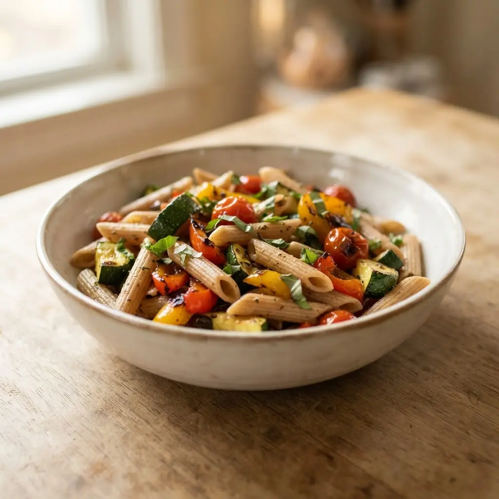 Roasted zucchini, peppers, and tomatoes folded into whole wheat penne for healthy pasta recipe ideas.