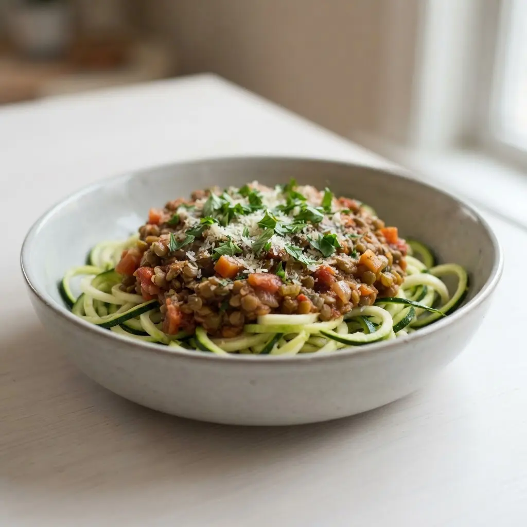 A bowl of lentil Bolognese over spiralized zucchini noodles, topped with parsley and grated cheese.