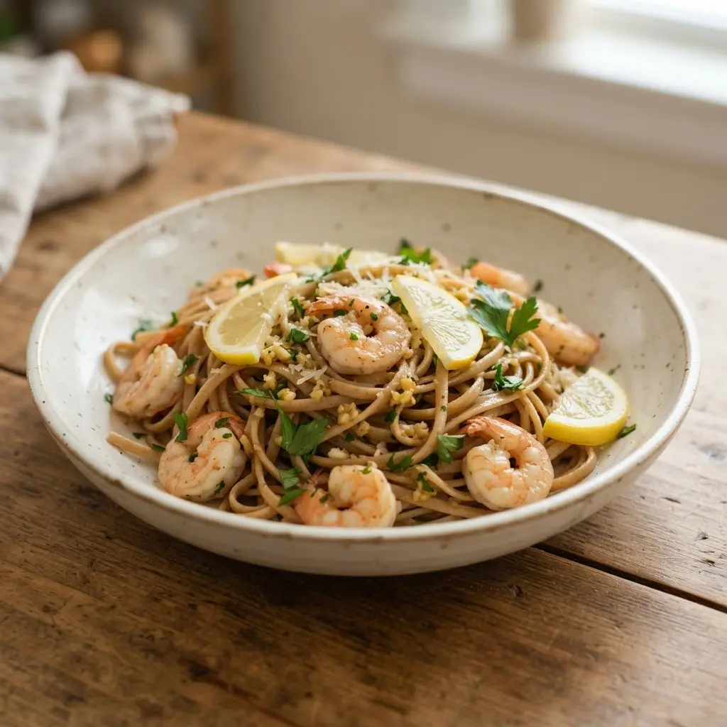 Healthy pasta recipe with whole wheat linguine, pink shrimp, lemon slices, garlic, and chopped parsley.