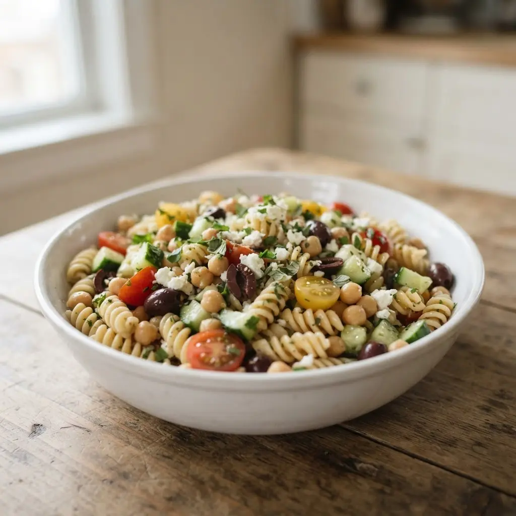 Rotini pasta mixed with chickpeas, cucumber, cherry tomatoes, olives, feta, and fresh herbs in a bowl.