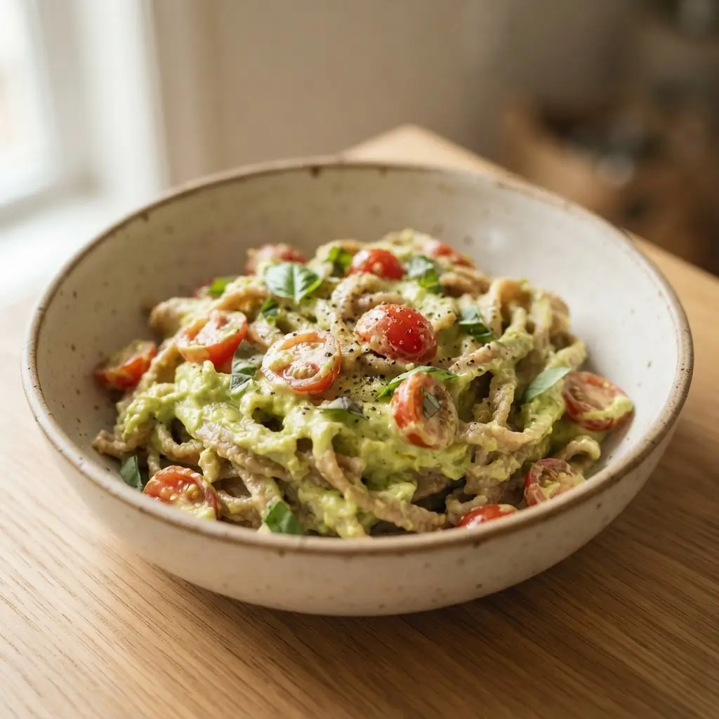 Whole grain pasta coated in avocado basil sauce, with cherry tomatoes, basil leaves, and cracked pepper.