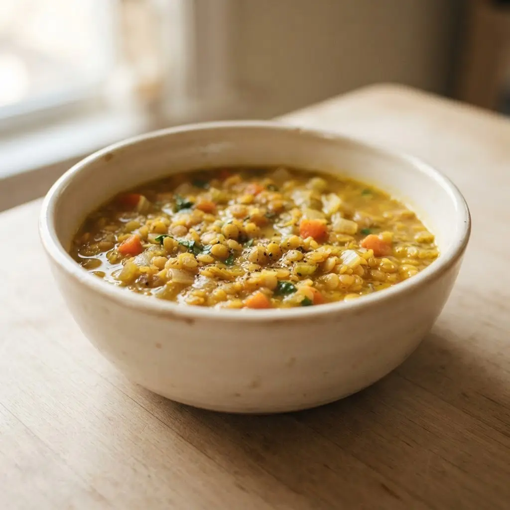 Ground turmeric beside lentil soup and sliced vegetables, showing healthy spices that deserve more attention.