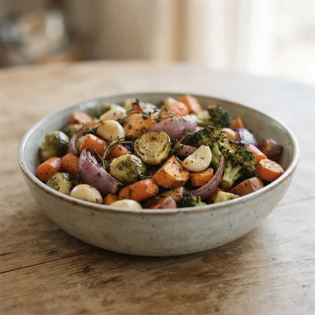 Sliced garlic cloves beside roasted vegetables in a ceramic bowl on a wooden table.