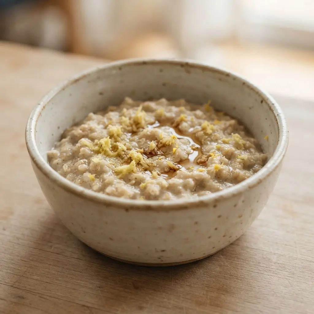 Fresh ginger root, grated ginger, and oatmeal bowl, showing healthy spices that deserve more attention.