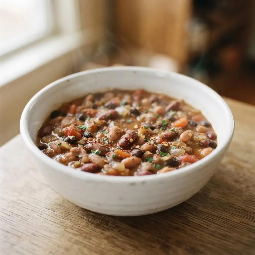 Red cayenne pepper flakes beside bean stew and sliced peppers in a white serving bowl.