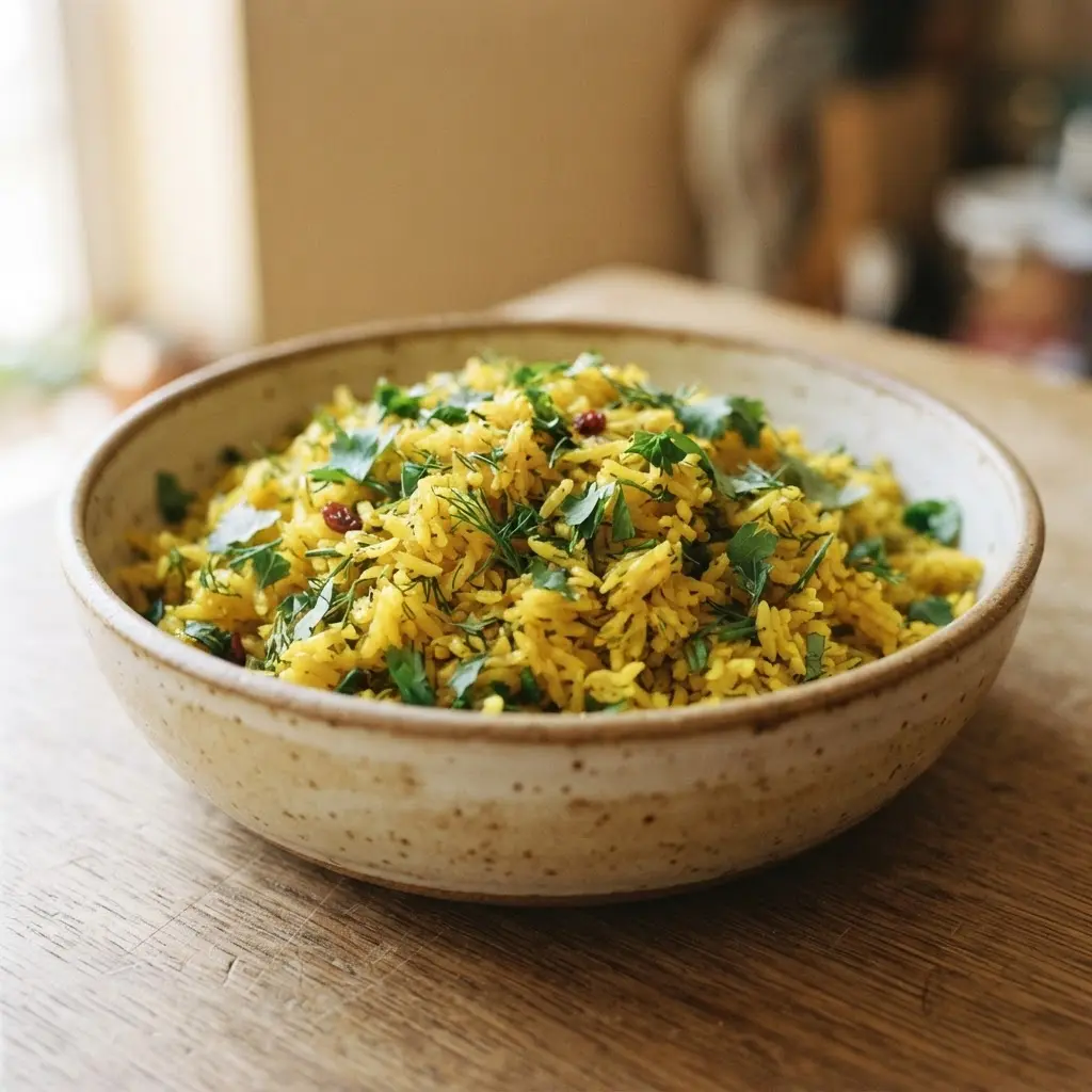 Red saffron threads beside a bowl of saffron rice with herbs on a light kitchen table.