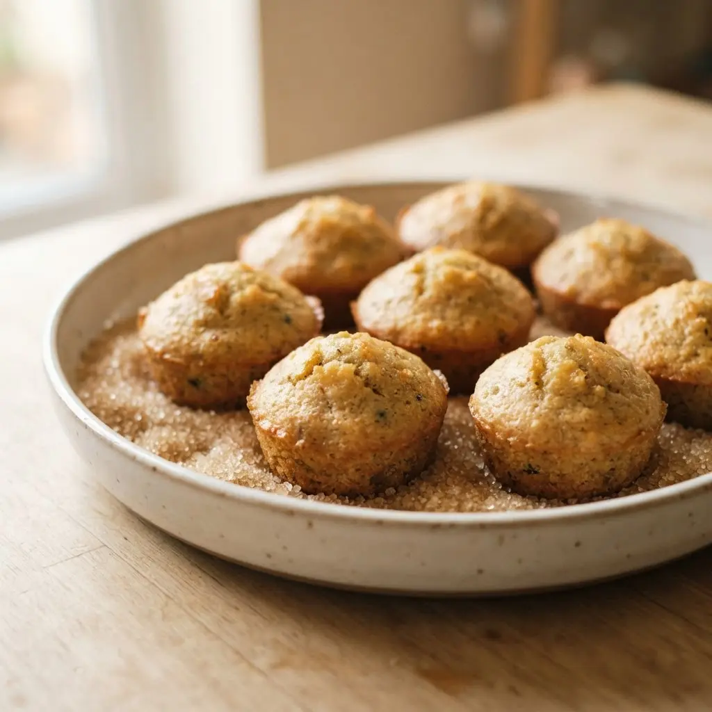 Monk fruit granules sit beside golden muffins on a white counter, showing healthy sugar replacements in baking.