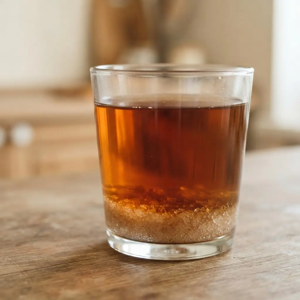 Granulated erythritol fills a glass bowl beside a cup of tea on a pale kitchen counter.