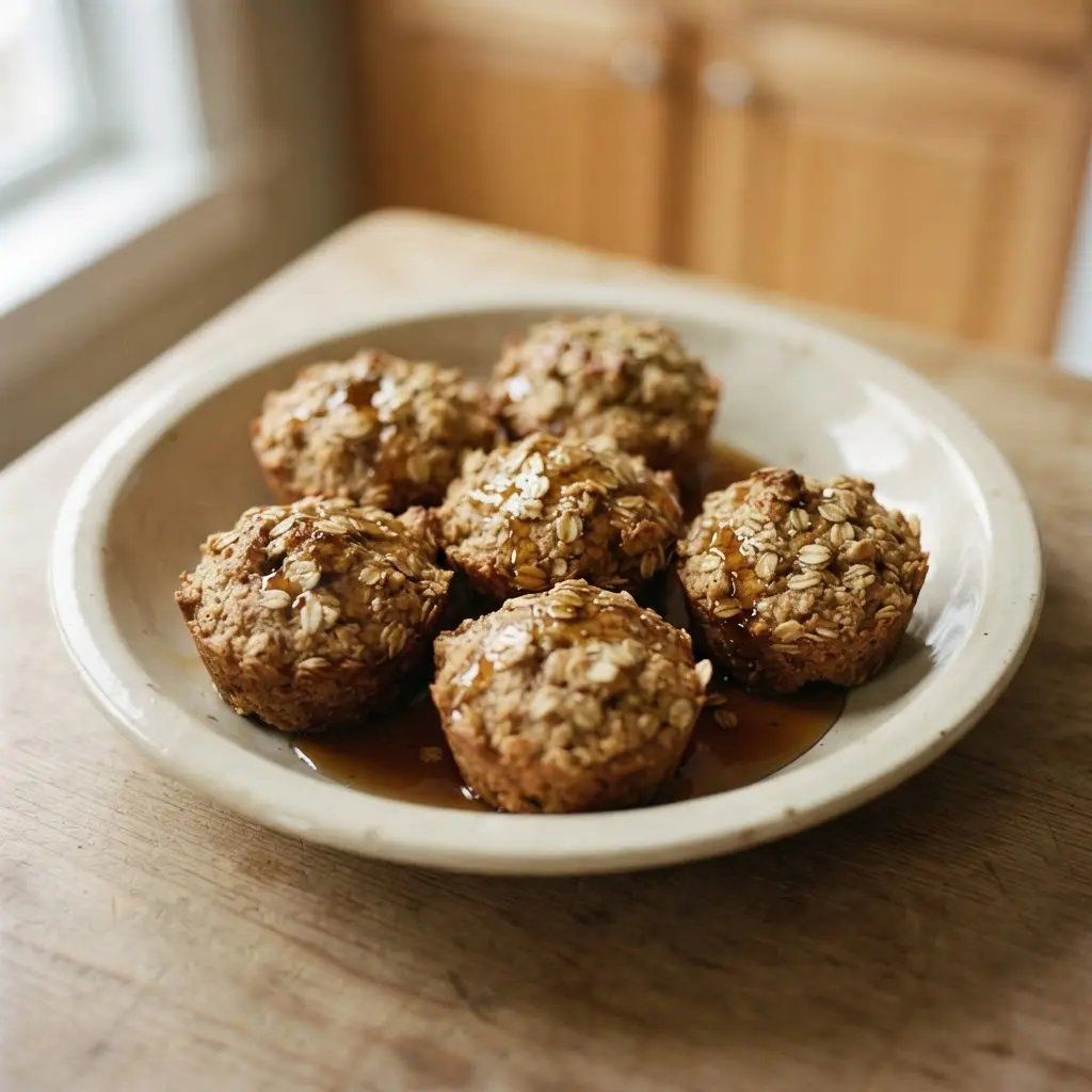 Amber maple syrup pours over oat muffins beside a spoon and measuring cup, with healthy sugar replacements for baking.