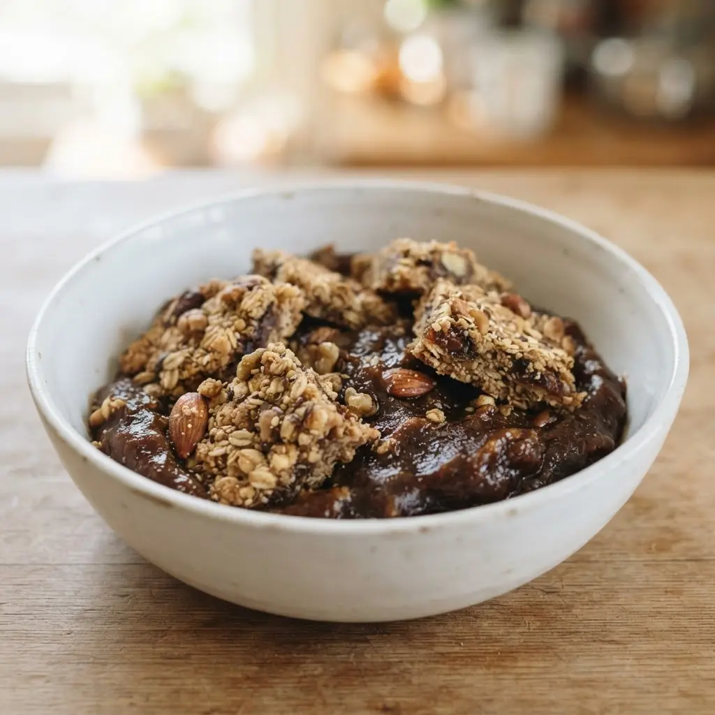 Mashed dates sit in a ceramic bowl beside sliced oat bars on a wooden kitchen board.