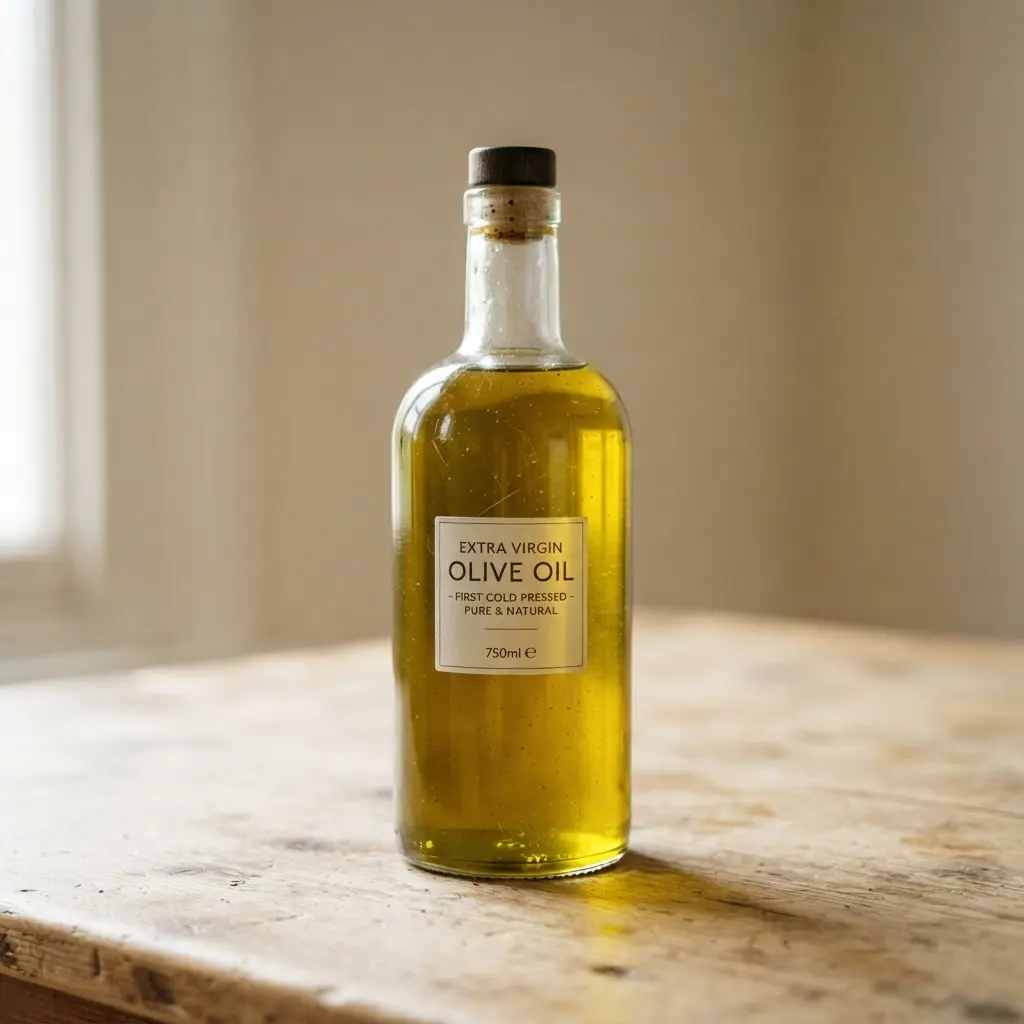 Olive oil on a plain wooden surface.