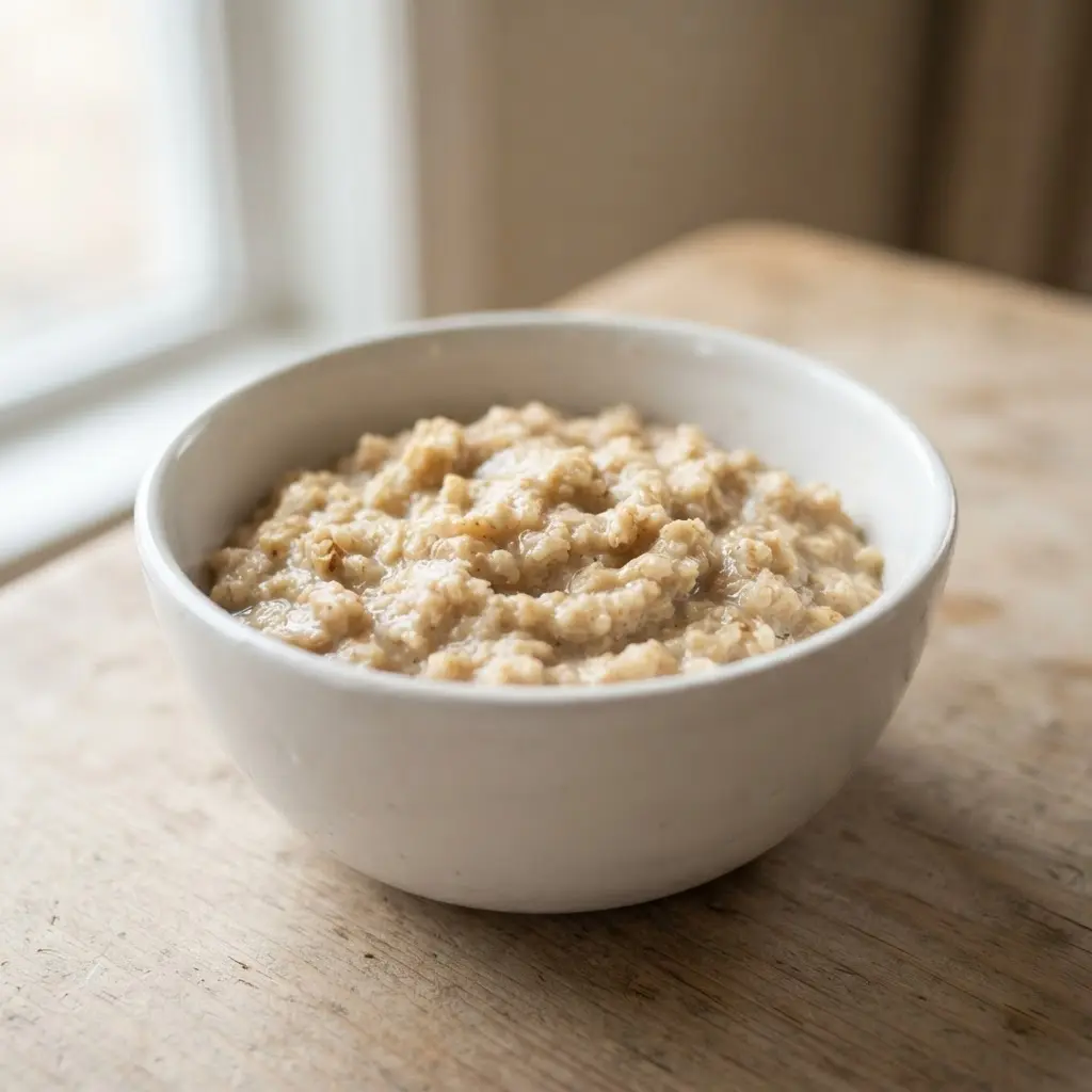Oatmeal in a plain white bowl in close-up.