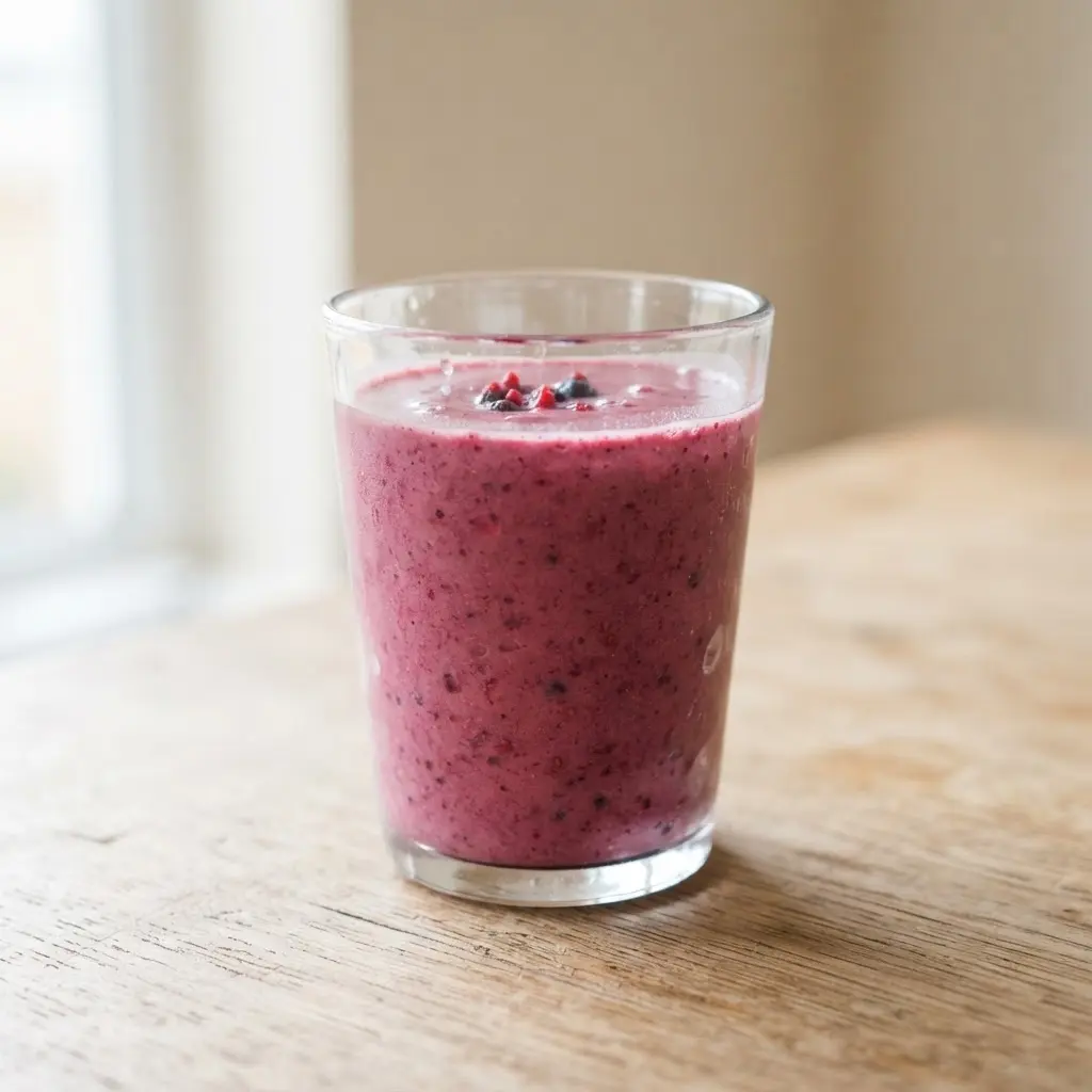 Smoothie in a clear drinking glass on a plain wooden surface.