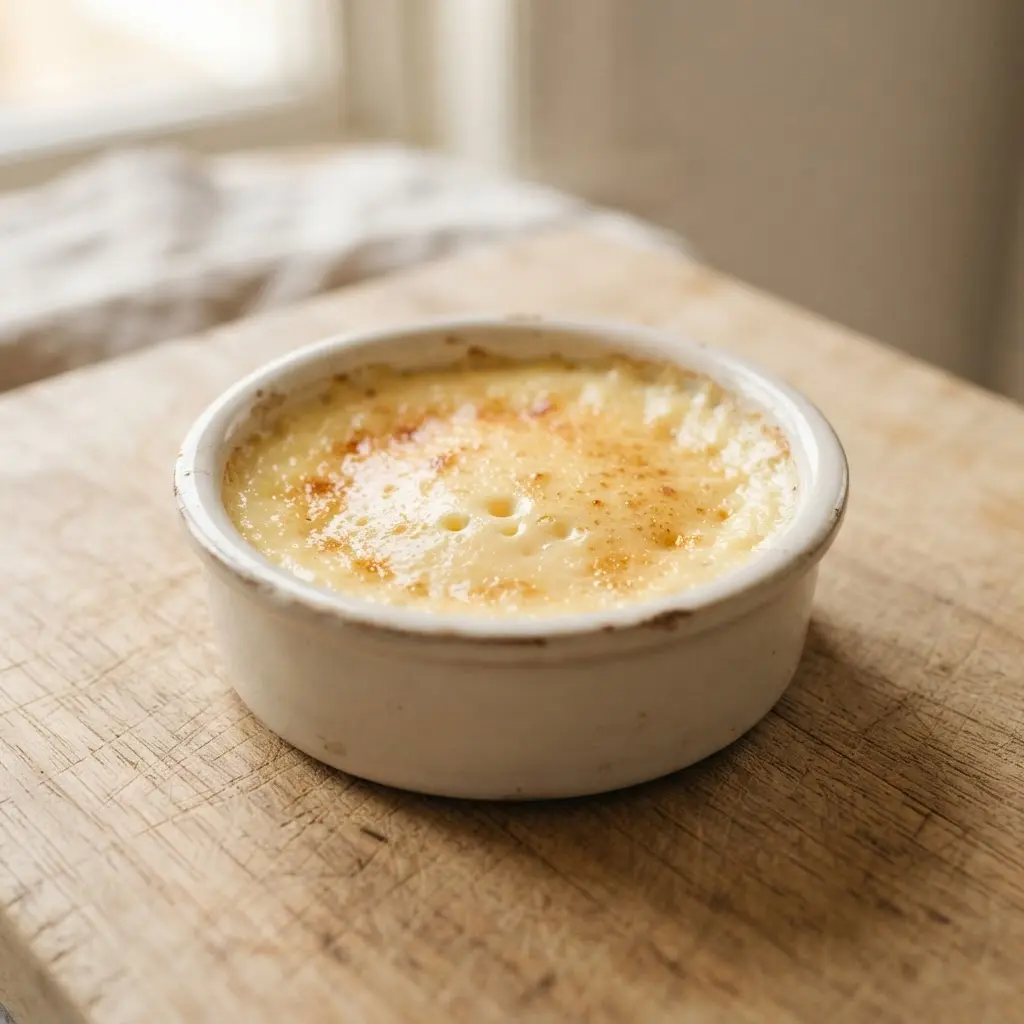 Custard on a plain wooden surface.
