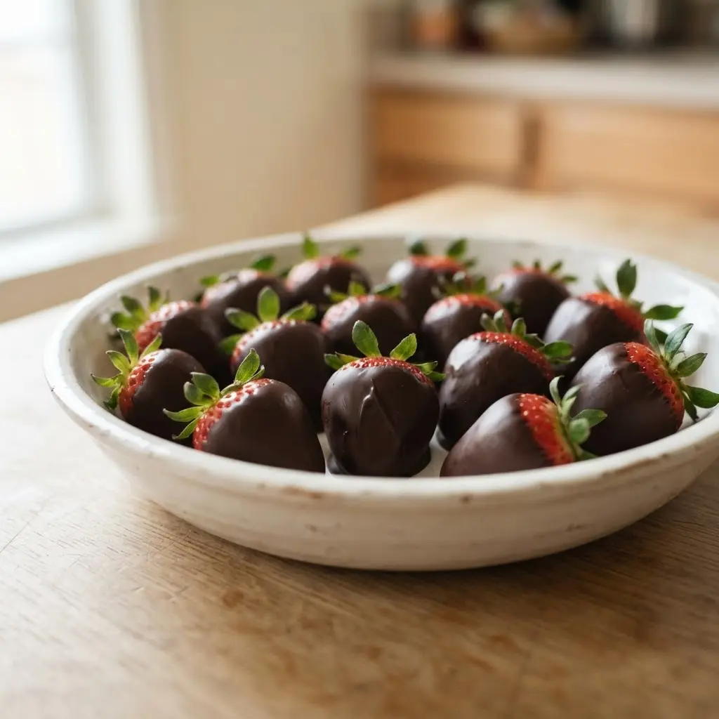 Healthy Valentine's Day snack ideas featuring strawberries dipped in dark chocolate on parchment with berry garnish.