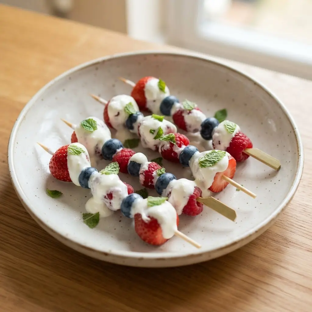 Greek yogurt berry fruit skewers arranged on a white plate with mint leaves and pink berries.