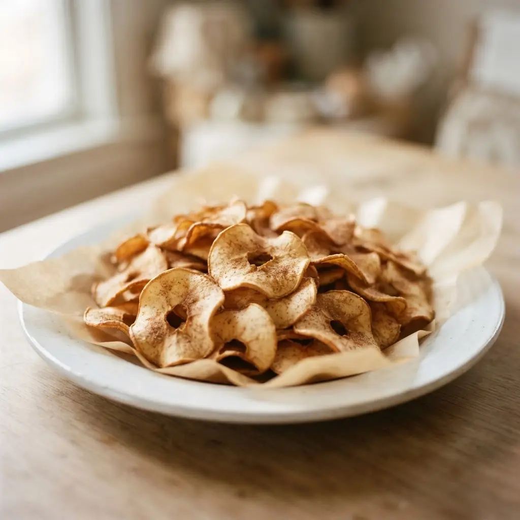 Cinnamon-spiced baked apple chips layered on parchment beside a small bowl of cinnamon.
