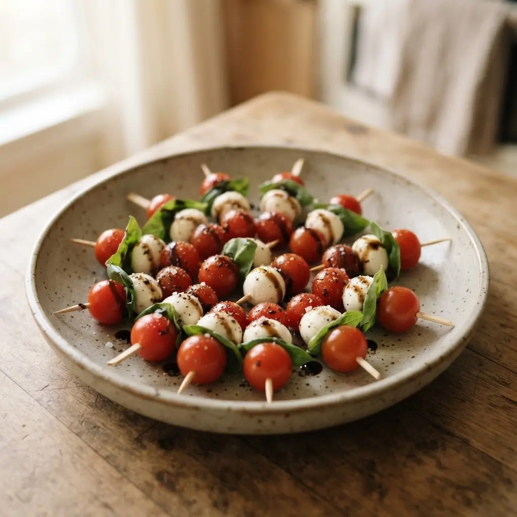 Caprese skewers with tomato, mozzarella, basil, and balsamic glaze on a white serving plate.