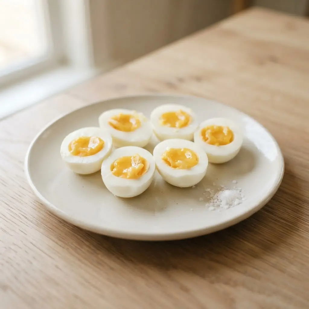 Halved hard-boiled eggs on a ceramic plate beside salt, a portable choice for healthy zero-carb snacks.