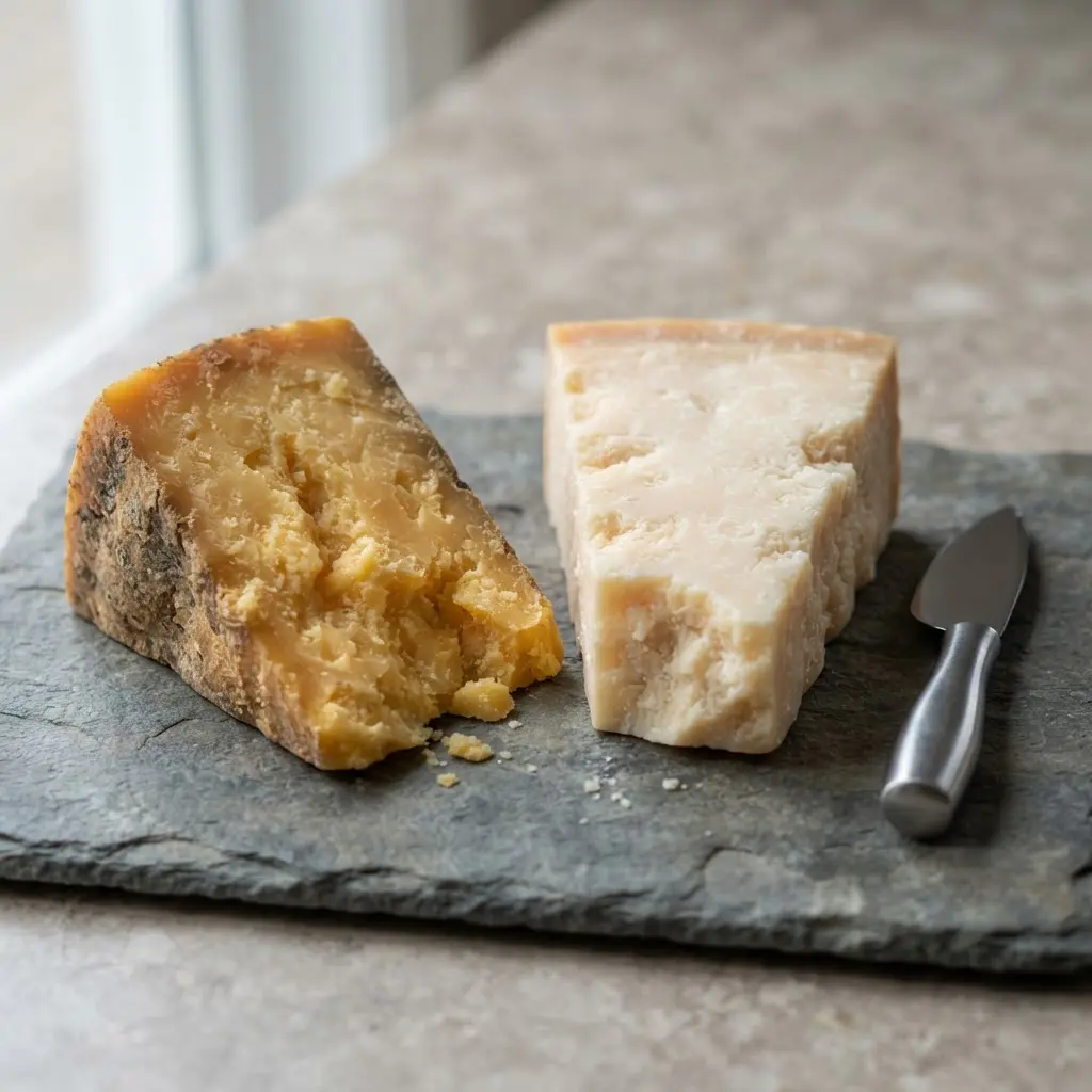 Aged cheddar and parmesan wedges arranged on a neutral stone board with a small cheese knife.