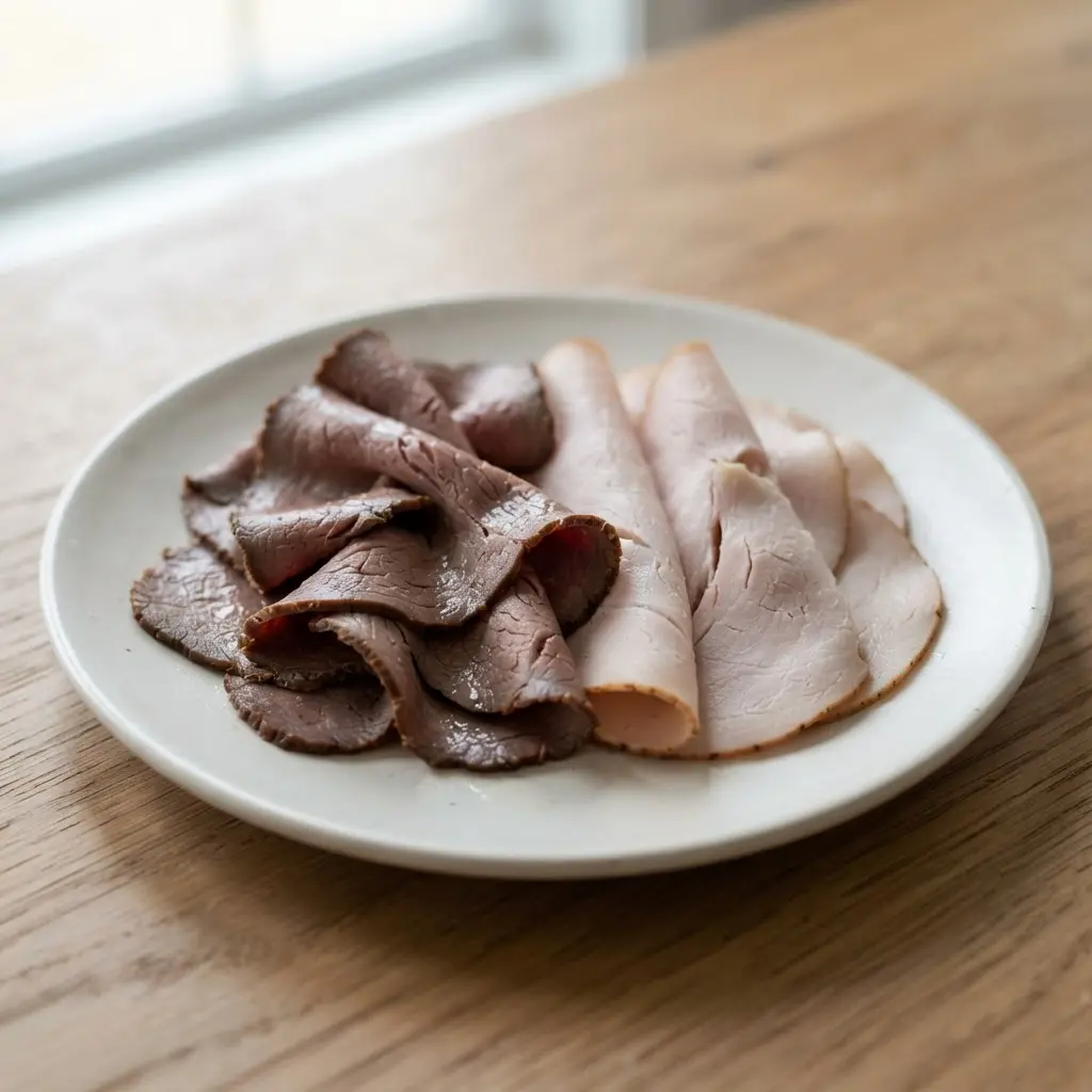 Sliced roast beef and turkey folded on a plate, showing healthy zero-carb snacks with label-aware choices.