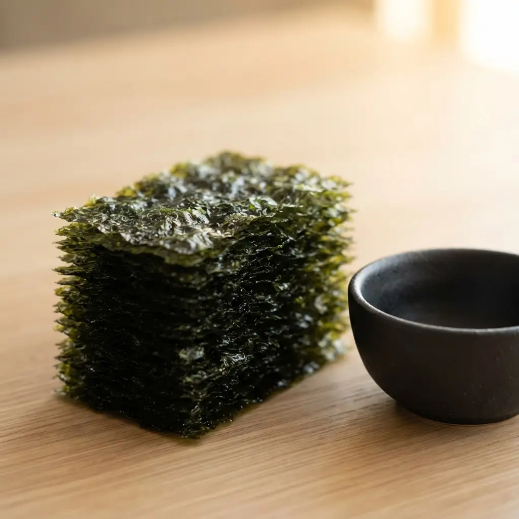 Plain roasted seaweed sheets stacked beside a small bowl on a neutral tabletop.