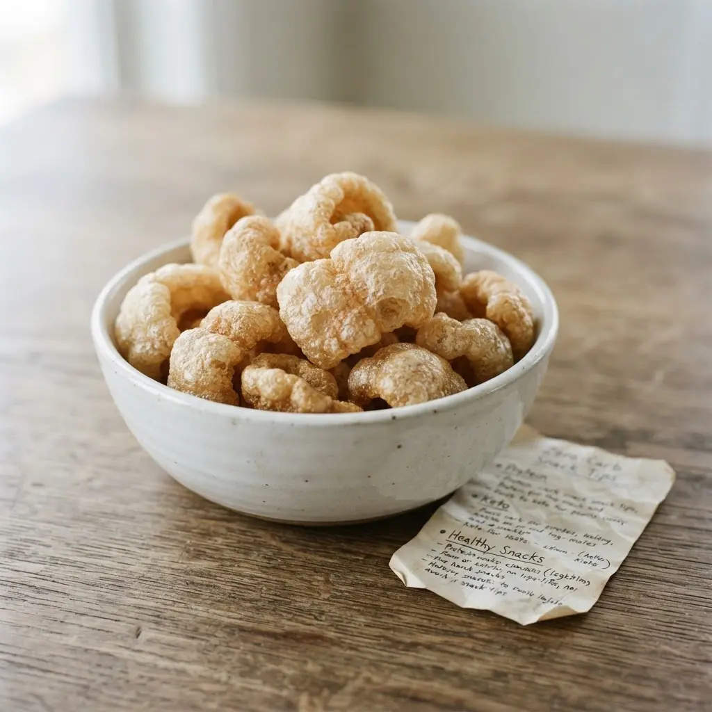 Crisp savory pork rinds in a ceramic bowl beside a package marked with healthy zero-carb snacks label tips.