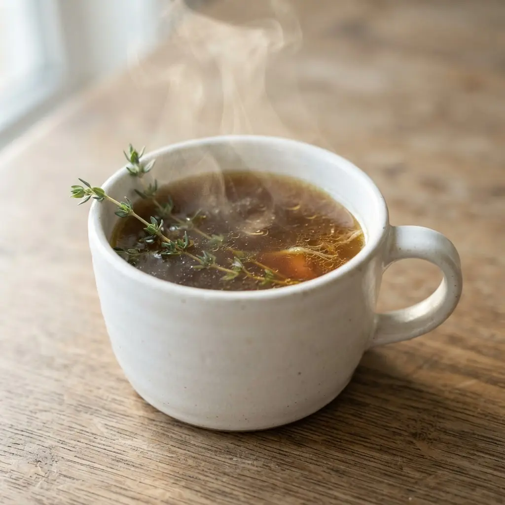 Steaming bone broth in a ceramic mug with herbs on a neutral wooden table.