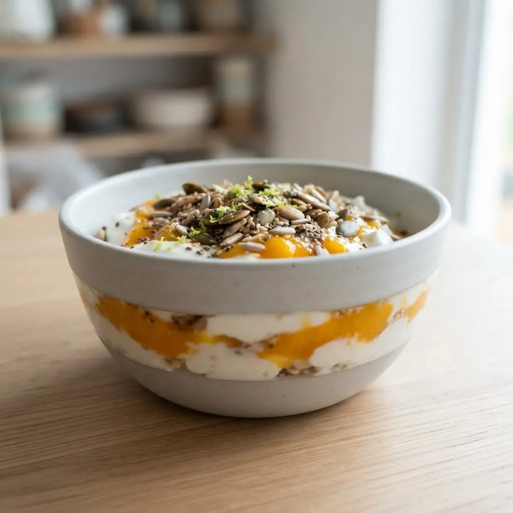 A glass parfait shows creamy yogurt layered with mango puree, lime zest, and toasted seeds.