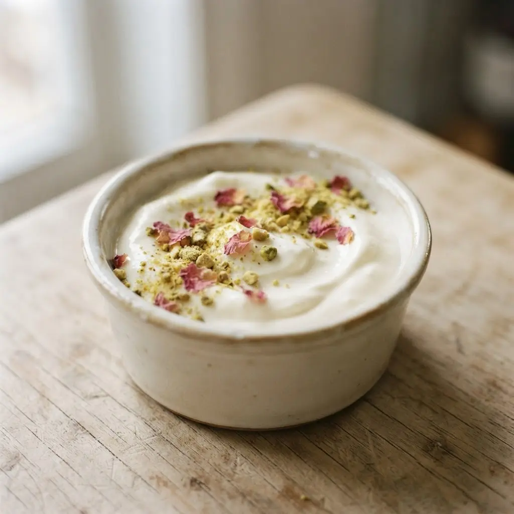 Homemade refreshing yogurt ideas featuring a white rosewater yogurt dip with crushed pistachios and pink rose petals.